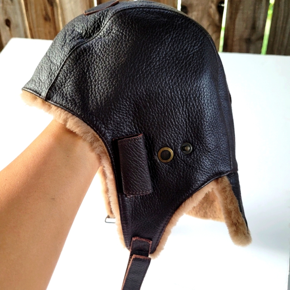 BARNEYS New York Brown Leather Aviator Hat with Fur Lining NWT
